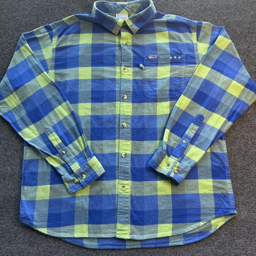COLUMBIA PFG Shirt Mens L Large Blue Green Button Up Fishing Mesh Lined Flannel